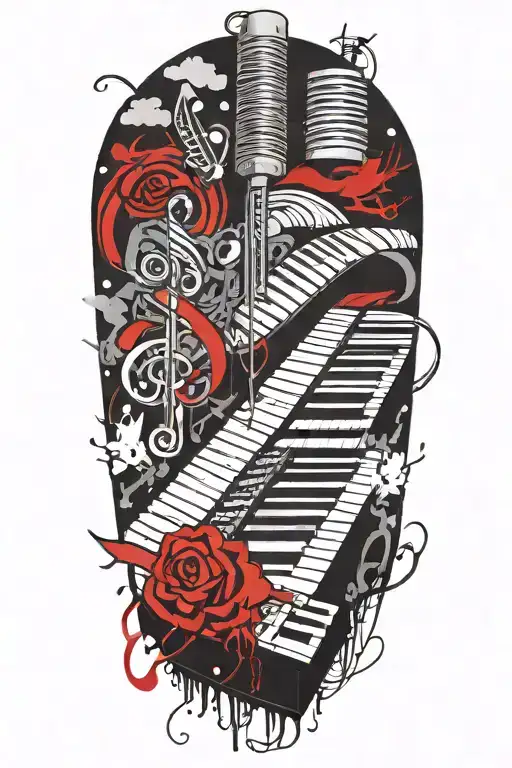 forearm sleeve of piano keyboard intertwined with music staff of 4 bars of music with clouds as filler tattoo design idea