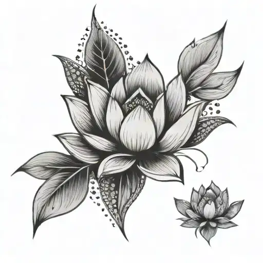 lotus flower, laurel leaves, diamonds, dots tattoo design idea