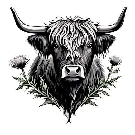 highland cow and thistle  tattoo design idea