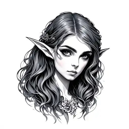 elf lady head with long hair tattoo design idea