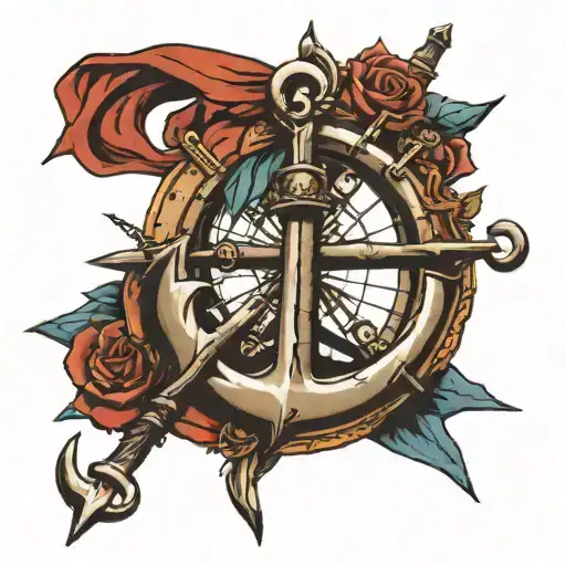 tattoo over the entire arm with the motif of an old anchor on the side of the wind rose tattoo design idea