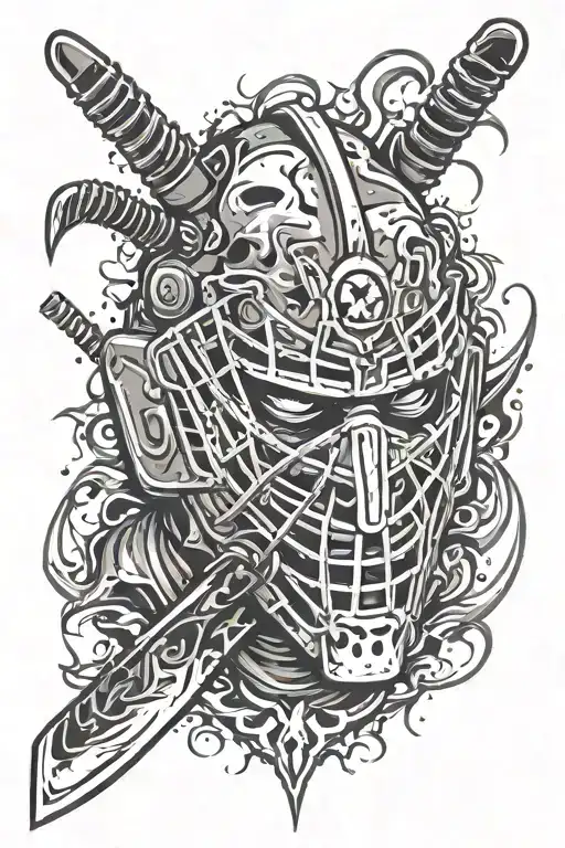 Goalie mask with 29 on the forehead devil horns breaking through the top broken hockey stick in the eye blood in the eye tattoo design idea