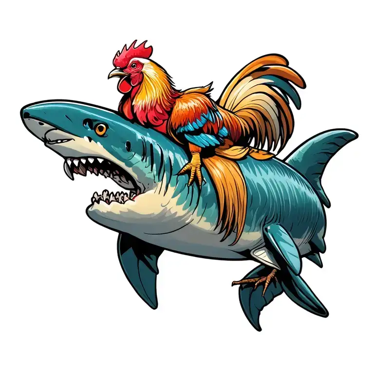 rooster riding on a shark tattoo design idea
