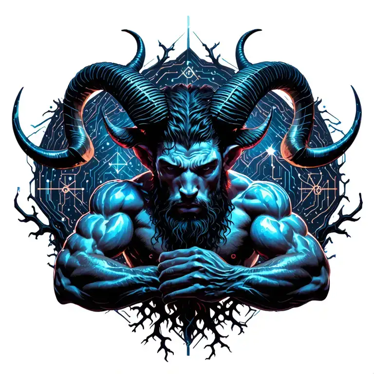 sexy gay male horned satyr with massive bodybuilder muscles flex. cyber tree roots, vines and constellations tattoo design idea