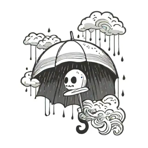 ghost with umbrella in the rain with clouds floating tattoo design idea
