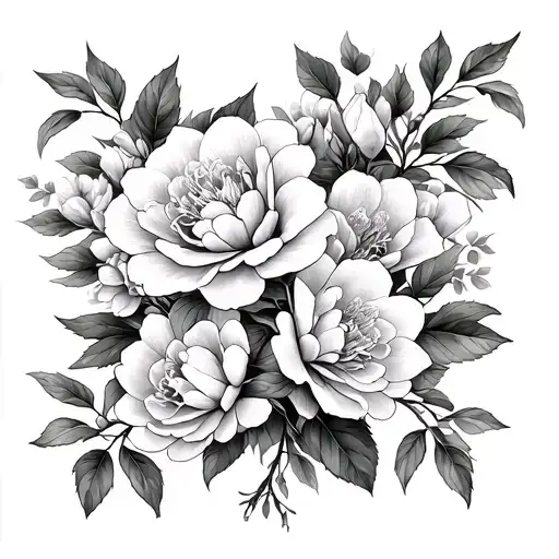 cherry blossoms,magnolias,roses,and carnations growing out of eucalyptus vine tattoo design idea