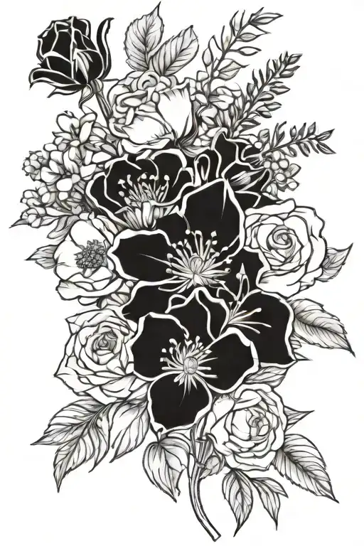 bouquet with 1 September birth flower, 2 April birth flowers, 2 January birth flowers and 1 July birth flower tattoo design idea