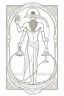 Egyptian depiction of thoth holding an ankh in one hand, an hourglass in the other hand & an ouroborous infinity below tattoo design idea