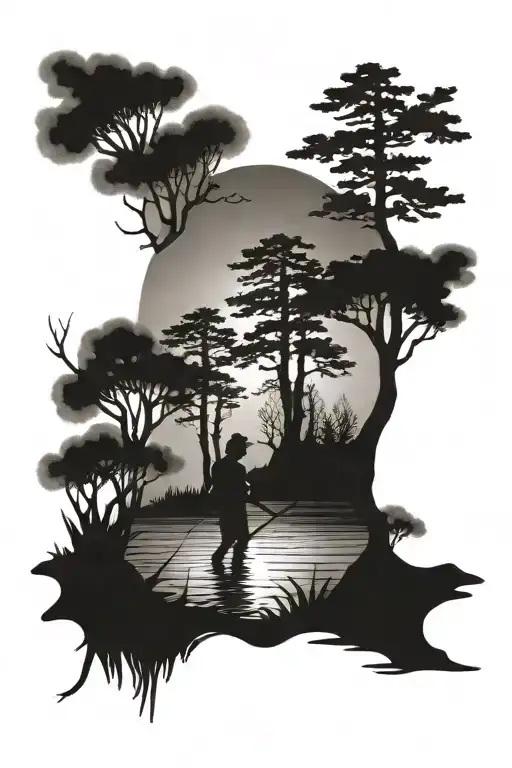 2 guys fishing in distance with cypress tree backdrop tattoo design idea