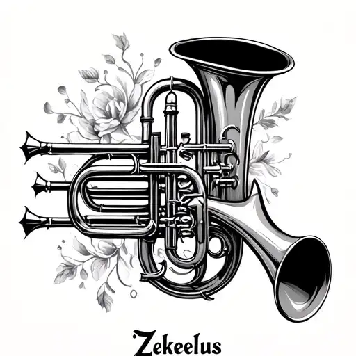 Your name “Zekelius” will remain the centerpiece in calligraphy.	•	The trombone or euphonium will be artistically integ tattoo design idea