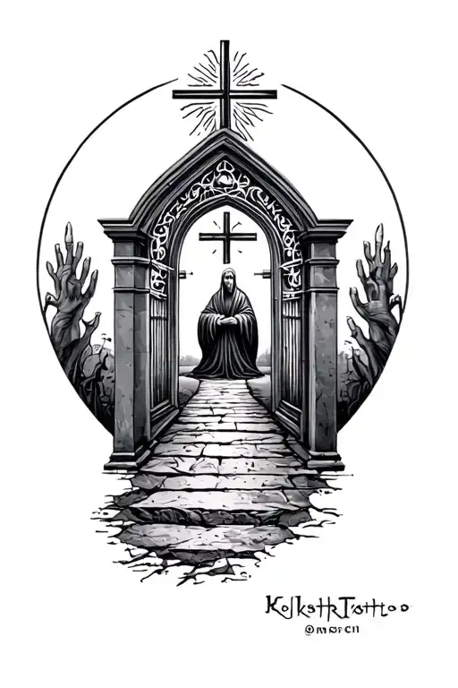 Arm sleeve tattoo religious pathway, praying hands, gates tattoo design idea