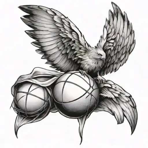 A basketball with wings, representing the freedom and joy of playing the sport, with a black-grey shading for depth tattoo design idea