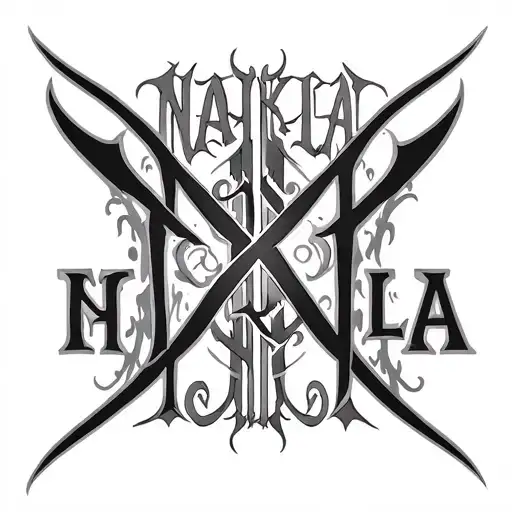 double meaning ambigram tattoo that says "Nakela" and spells "Doonie" backwards tattoo design idea