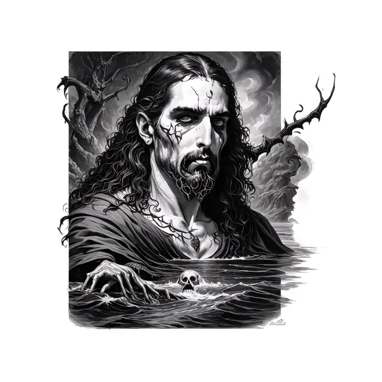 Hades half body portrait with Charon and the river of styx tattoo design idea
