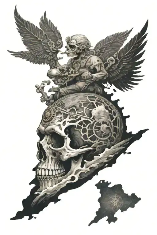 world map in the shape of a skull, with a chief riding a dark horse  tattoo design idea
