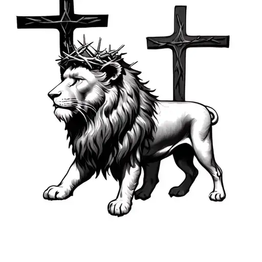 half lion half lamb with crown of thorns tattoo with 3 crosses in the background to represent Jesus Crucifixion  tattoo design idea