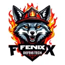 "Fenix Defense Tech" Fox wearing firefighter gear, surrounded by flames tattoo design idea