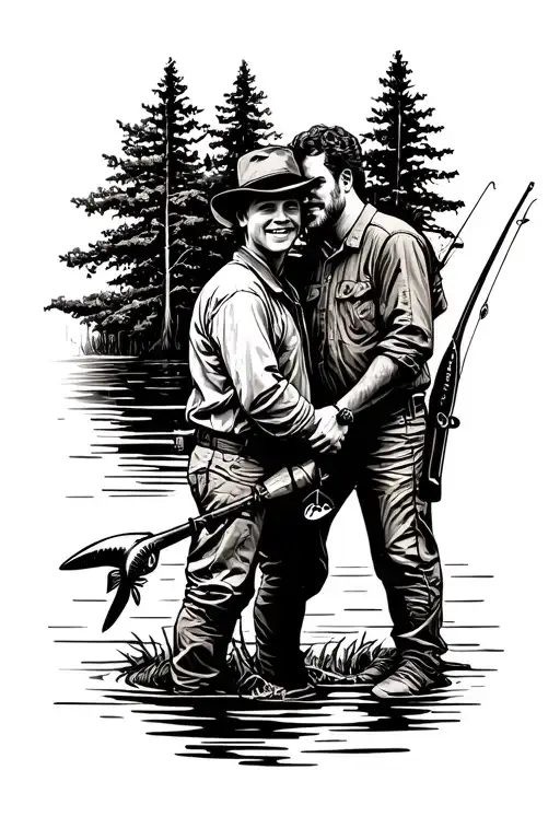 hunting and fishing, son and dad tattoo design idea