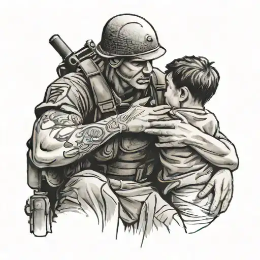 A tattoo depicting a soldier embracing his children after returning from war, with gym equipment in the background tattoo design idea