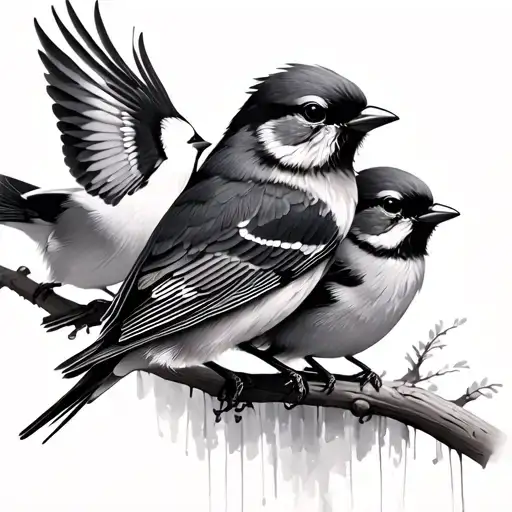 3 little birds perched with one flying awah tattoo design idea