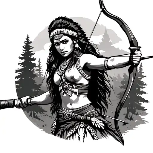 female Indian warrior wielding a bow and arrow in the forest tattoo design idea