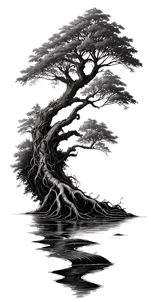 tree with roots and stream of water tattoo tattoo design idea