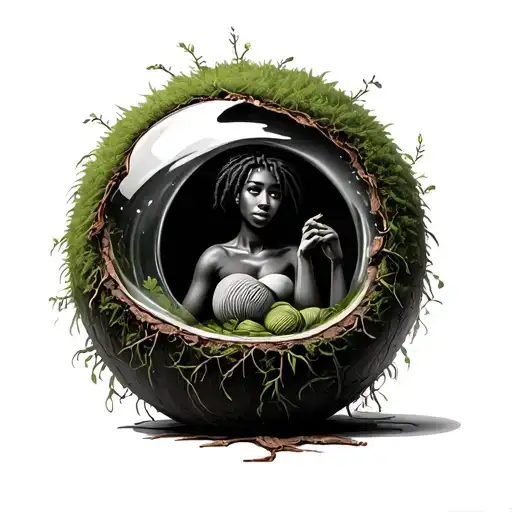 moss ball is split open like a terrarium, revealing the little Afrocentric figure quietly knitting inside. Vines spill f tattoo design idea