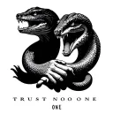 I want a tattoo saying "Trust No One" with two faces one normal one snake shaking a hand tattoo design idea