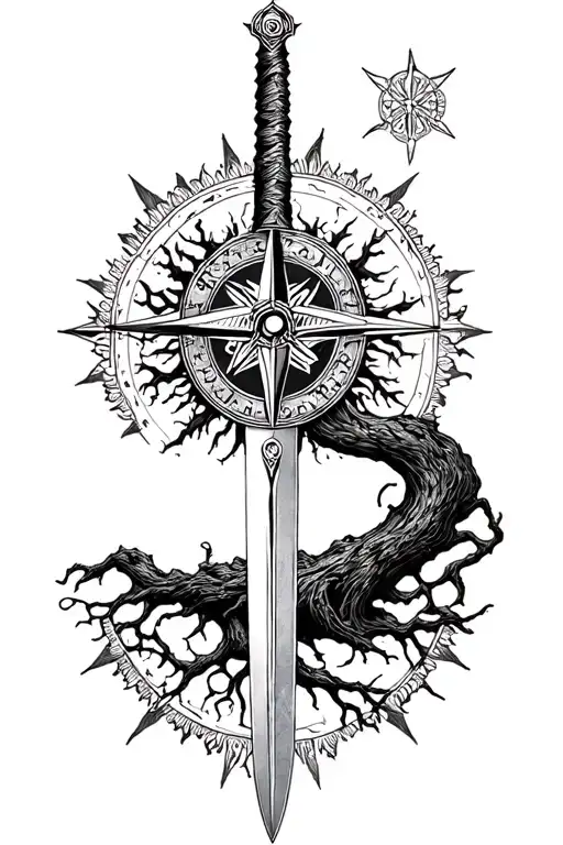 viking compass, sword, life tree tattoo design idea