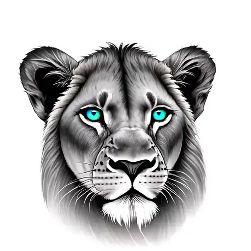 lion with blue eyes lioness with green eyes and lion cub with blue eyes stacked heads tattoo design idea