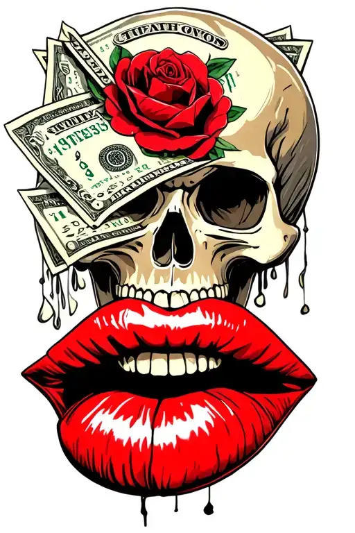 red lips money skull tattoo design idea