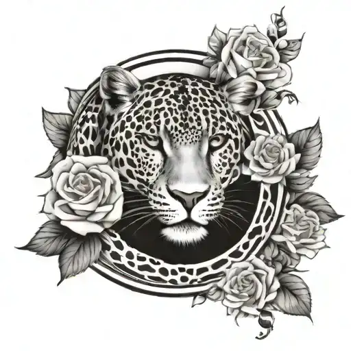 leopard. white rose. calibre. yin-yang scales tattoo design idea