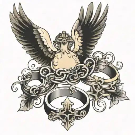 three rings with cross, dove, and god sign  tattoo design idea