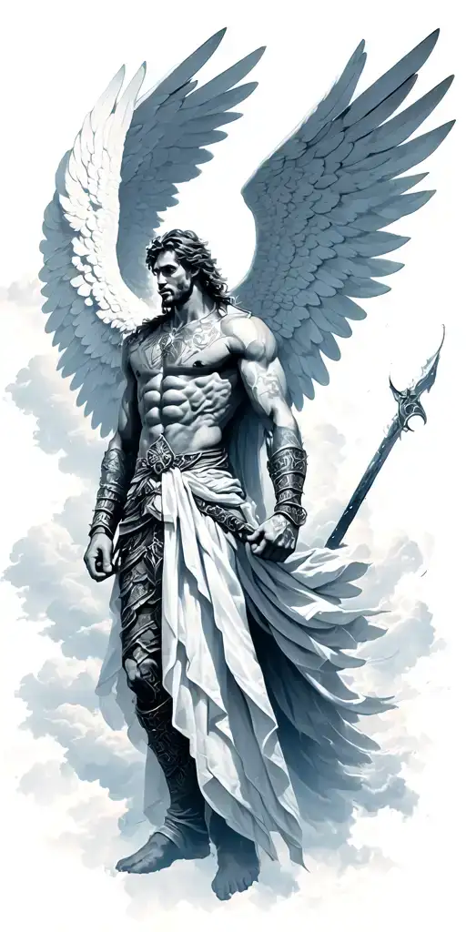 male warrior angel in a storm clouds surrounding tattoo design idea