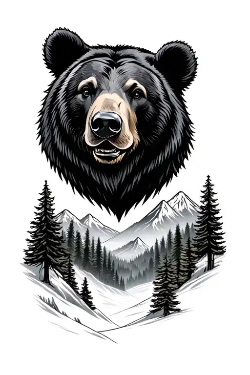 black bear head that rounds out my shoulder, and below that, mountains and evergreen trees down my left bicep  tattoo design idea