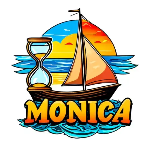 "Monica" sailboat sunset vibrant colors, Suzy on the sailboat as the name, hourglass on beach and anchor tattoo design idea