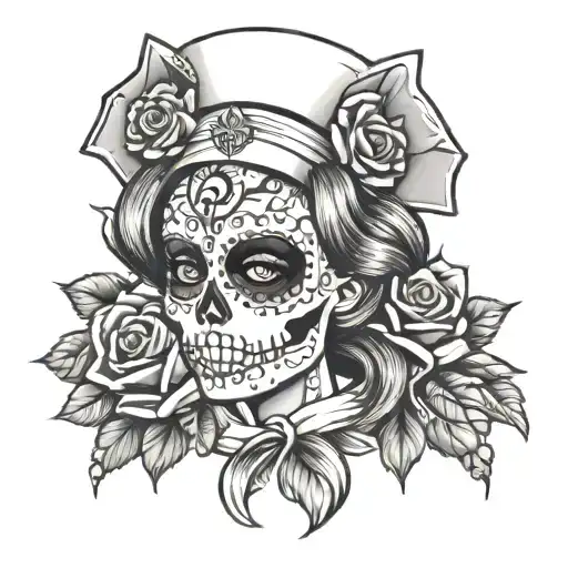nurse sugar skull rose hair tattoo design idea