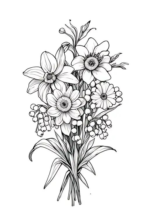 birth flower bouquet with 2 daffodils, 1 lily of the valley, 1 marigold, 1 chrysanthemum, and 1 narcissus tattoo design idea