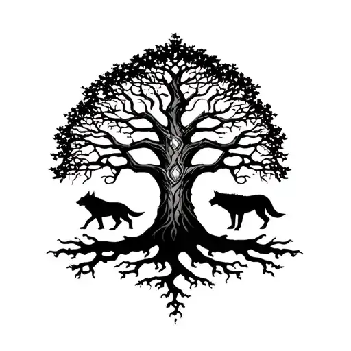 A Norse-inspired Yggdrasil (Tree of Life) with wolf silhouettes intertwined in its roots and branches. tattoo design idea