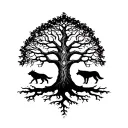 A Norse-inspired Yggdrasil (Tree of Life) with wolf silhouettes intertwined in its roots and branches. tattoo design idea