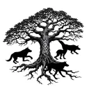 A Norse-inspired Yggdrasil (Tree of Life) with wolf silhouettes intertwined in its roots and branches. tattoo design idea