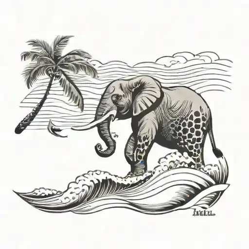 elephant, leopard, coconut palm tree, waves crashing, sleeve tattoo design idea