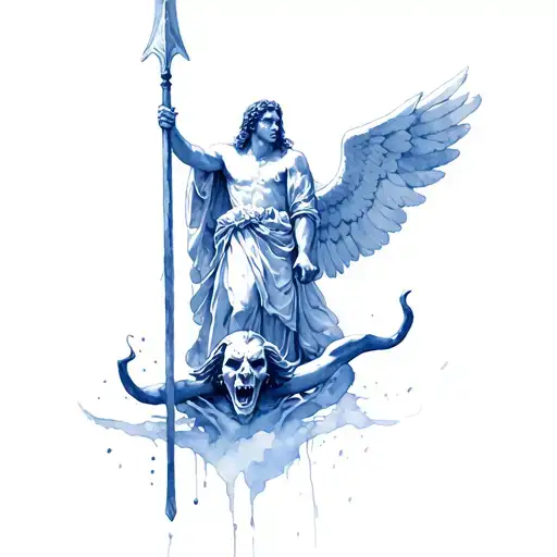 archangel michael holding a spear in his hand standing on the head of defeated satan tattoo design idea
