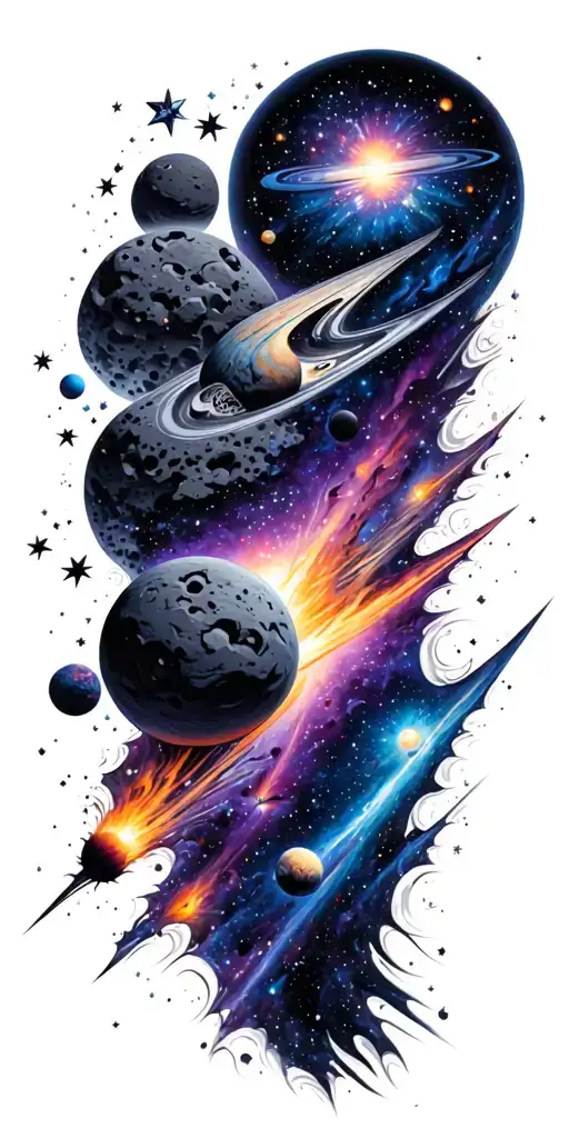outer space black and grey craters and galaxies with black and grey and purple and colorful comets, stars, all planets  tattoo design idea