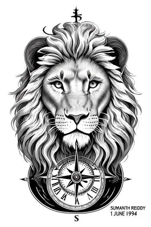 lion head and compass with my name SUMANTH REDDY and date of bith 1 of june 1994 tattoo design idea