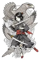 japanese girl with katana surrounded by falcon spreading wings and a boy below tattoo design idea