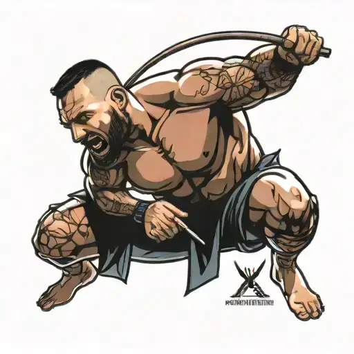 A fierce UFC fighter like Alexander Volkanovski or Alex Pereira in a dynamic action pose, with a bow and arrow in hand tattoo design idea