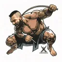 A fierce UFC fighter like Alexander Volkanovski or Alex Pereira in a dynamic action pose, with a bow and arrow in hand tattoo design idea