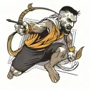 A fierce UFC fighter like Alexander Volkanovski or Alex Pereira in a dynamic action pose, with a bow and arrow in hand tattoo design idea