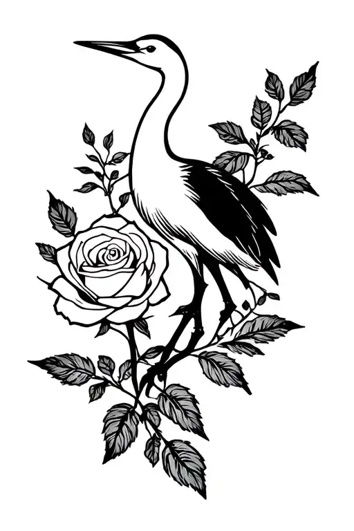 crane et rose growing tattoo design idea